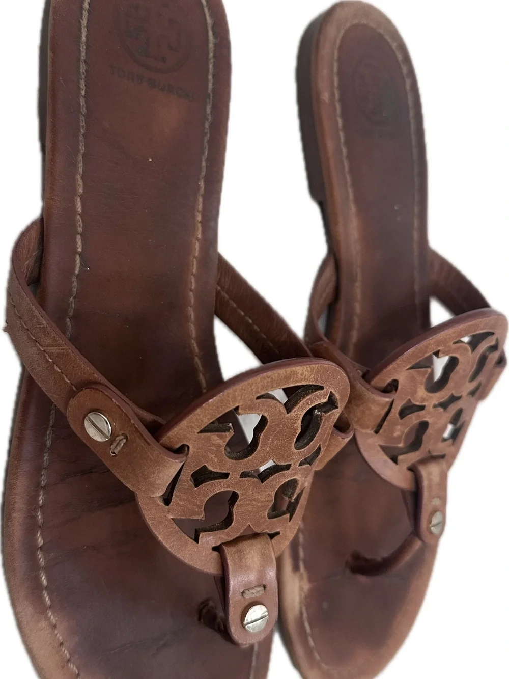 Tory Burch Brown Leather Logo Thong Sandals - Picture 3 of 9